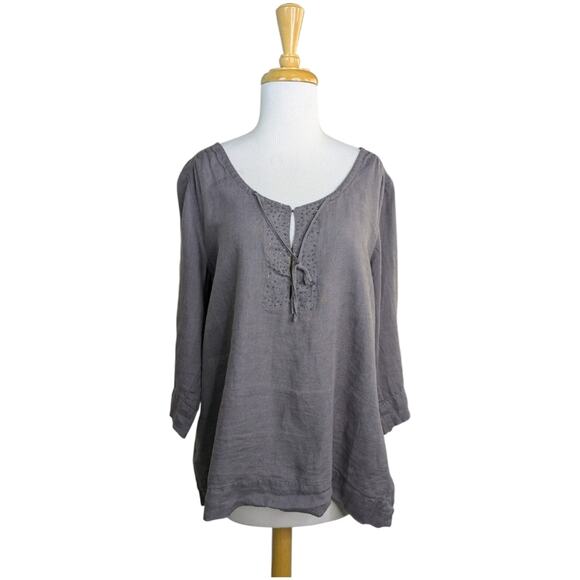 Eileen Fisher 100% Irish Linen Beaded Lagenlook Pullover Neck Tie Top Gray Large - Picture 1 of 9